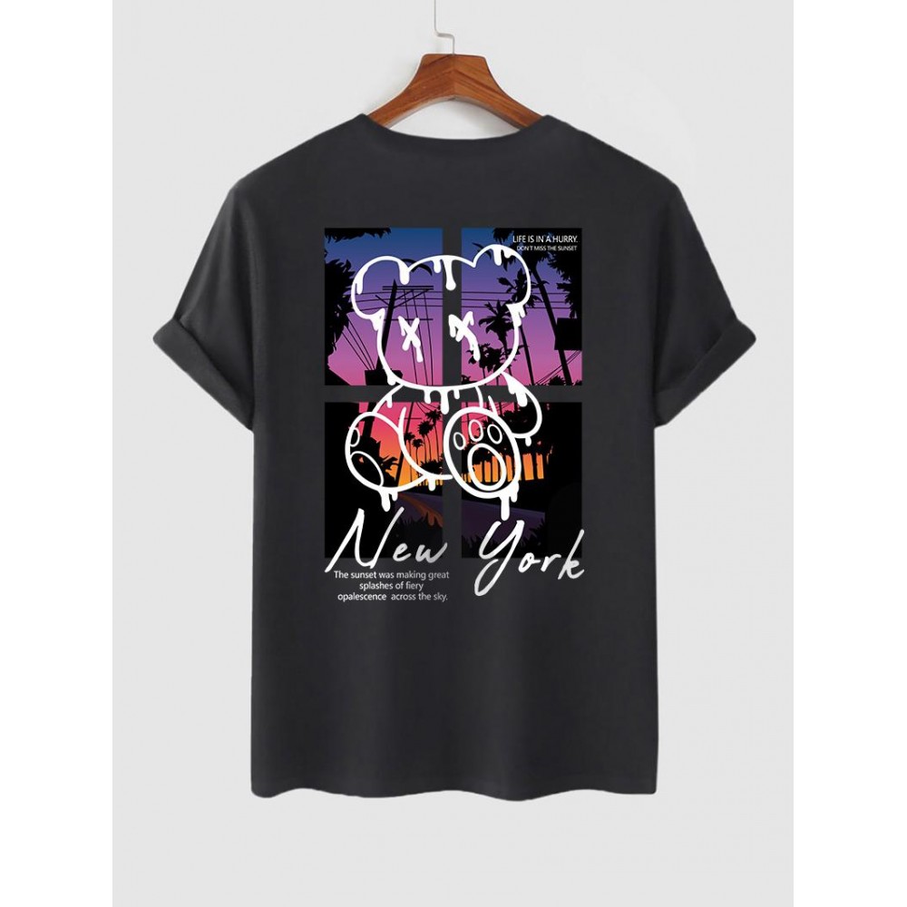 Letter New York Cartoon Bear Graphic Printed Short Sleeve T-shirt Letter New York Cartoon Bear Graphic Printed Short Sleeve T-shirt