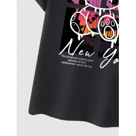 Letter New York Cartoon Bear Graphic Printed Short Sleeve T-shirt Letter New York Cartoon Bear Graphic Printed Short Sleeve T-shirt