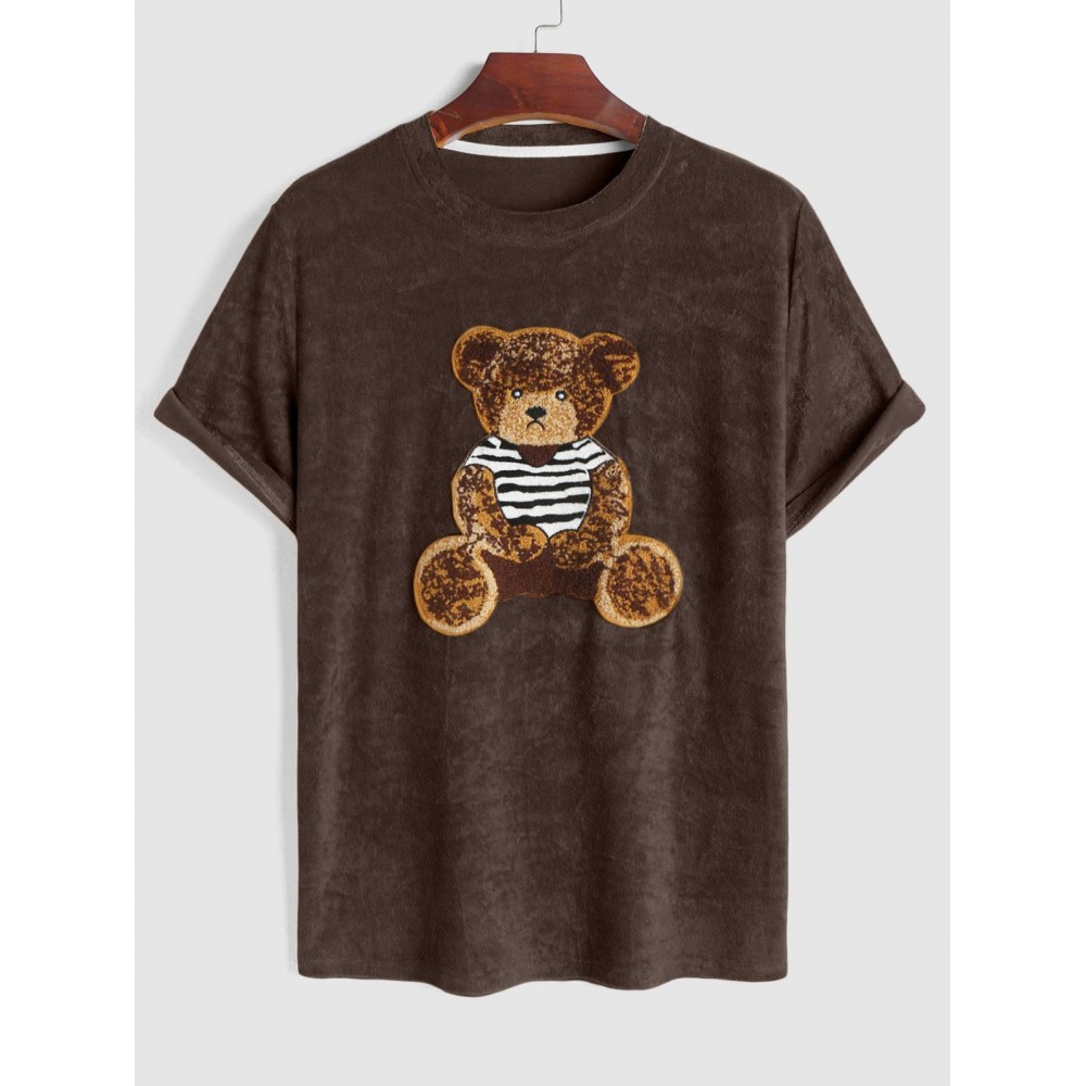 Men's Terry Cloth Crew Neck Cartoon Bear Applique Casual Funny Short Sleeves T Shirt Men's Terry Cloth Crew Neck Cartoon Bear Applique Casual Funny Short Sleeves T Shirt