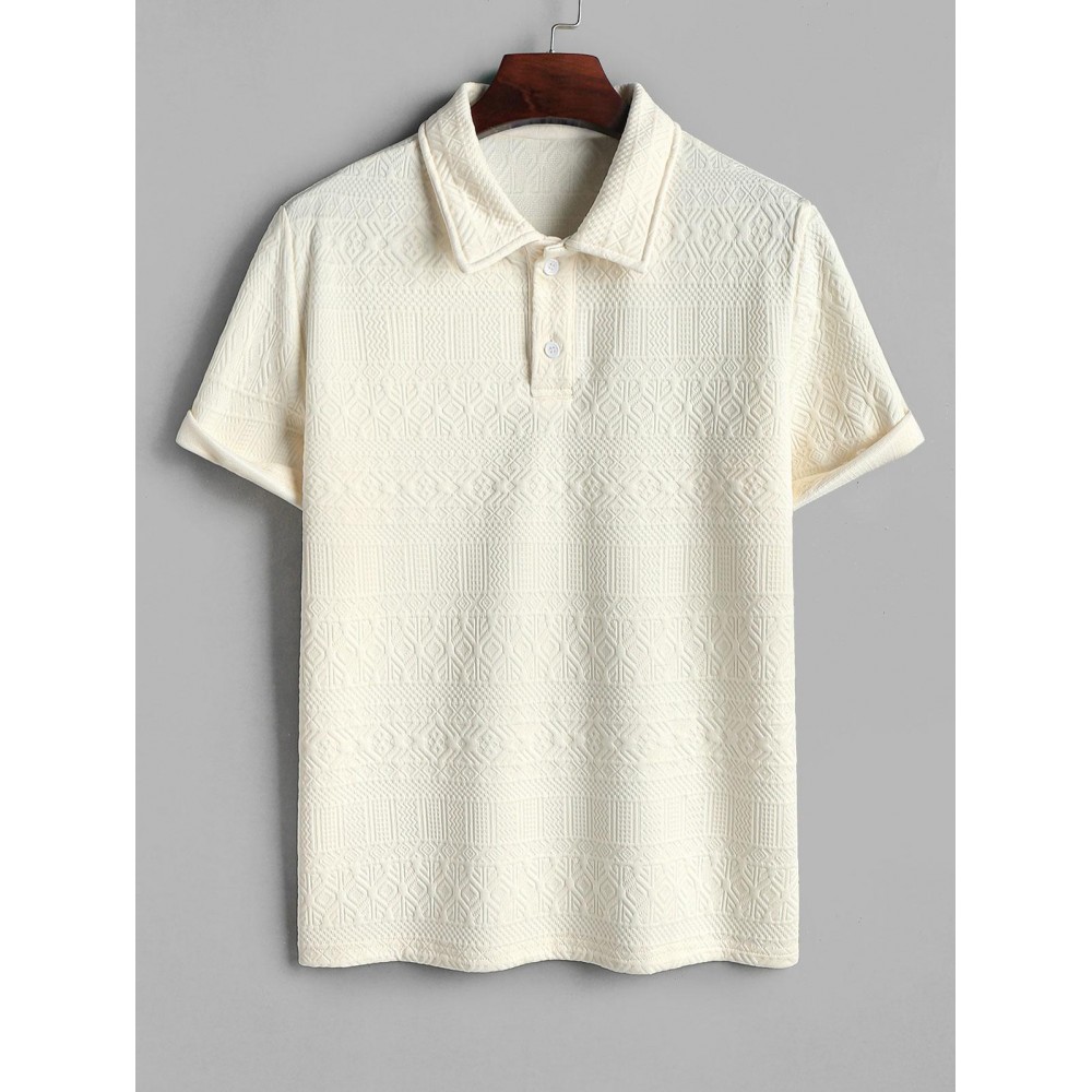 Geometric Jacquard Textured Quarter Button Polo Collared Short Sleeves T Shirt Geometric Jacquard Textured Quarter Button Polo Collared Short Sleeves T Shirt