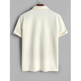 Geometric Jacquard Textured Quarter Button Polo Collared Short Sleeves T Shirt Geometric Jacquard Textured Quarter Button Polo Collared Short Sleeves T Shirt