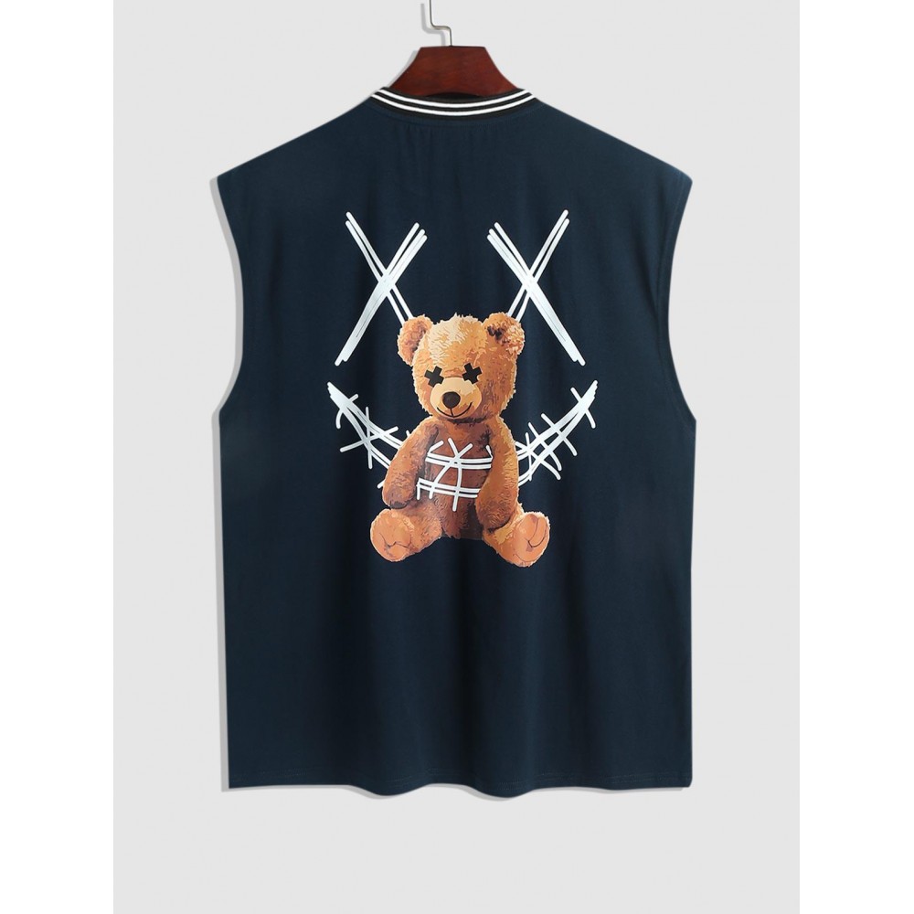 Rib Collar Smile Face Cartoon Bear Sleeveless T Shirt Summer Tank Top Rib Collar Smile Face Cartoon Bear Sleeveless T Shirt Summer Tank Top