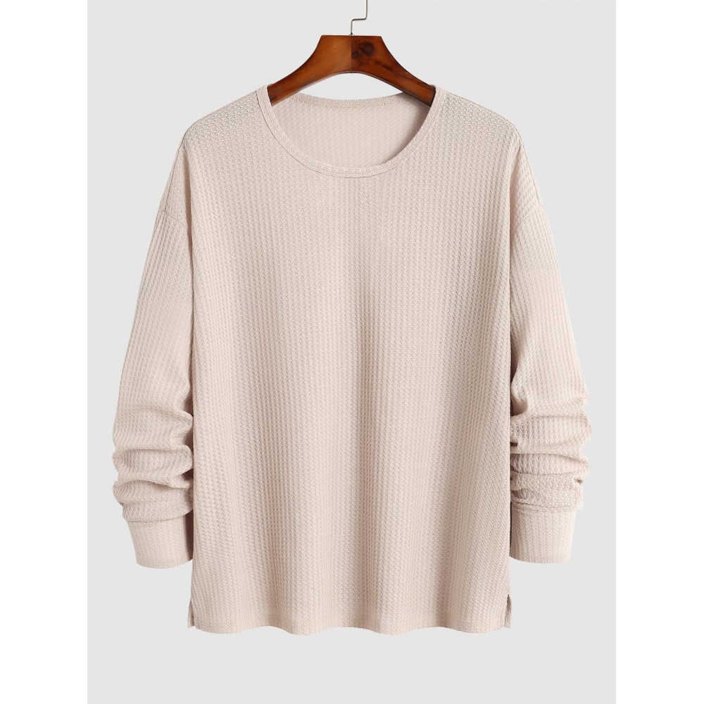 Men's Casual Daily Solid Color Semi-sheer Textured Knit Notched Collar Long Sleeves T-shirt Men's Casual Daily Solid Color Semi-sheer Textured Knit Notched Collar Long Sleeves T-shirt