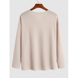 Men's Casual Daily Solid Color Semi-sheer Textured Knit Notched Collar Long Sleeves T-shirt Men's Casual Daily Solid Color Semi-sheer Textured Knit Notched Collar Long Sleeves T-shirt