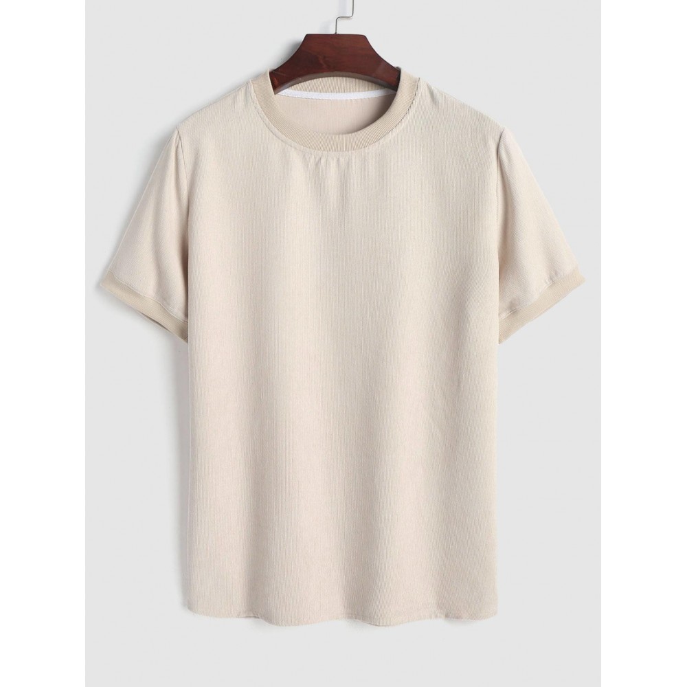Solid Color Ribbed Corduroy Short Sleeves Crew Neck T-shirt Solid Color Ribbed Corduroy Short Sleeves Crew Neck T-shirt