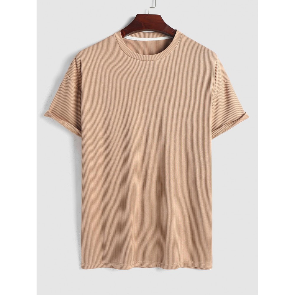 Solid Color Ribbed Textured Short Sleeves T-shirt Solid Color Ribbed Textured Short Sleeves T-shirt