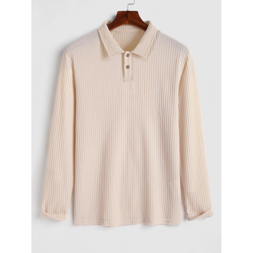 Men's Casual Polo Collar Solid Color Long Sleeves Textured T Shirt Men's Casual Polo Collar Solid Color Long Sleeves Textured T Shirt
