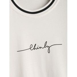 Letter Print Contrast Striped Collar T Shirt Letter Print Contrast Striped Collar T Shirt