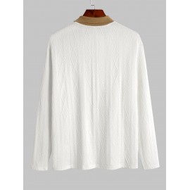 Men's Polo Collared Buttons Colorblock Geometric Jacquard Textured Knitted Long Sleeves T Shirt Men's Polo Collared Buttons Colorblock Geometric Jacquard Textured Knitted Long Sleeves T Shirt