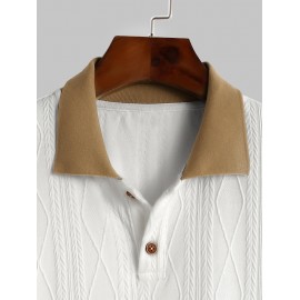 Men's Polo Collared Buttons Colorblock Geometric Jacquard Textured Knitted Long Sleeves T Shirt Men's Polo Collared Buttons Colorblock Geometric Jacquard Textured Knitted Long Sleeves T Shirt