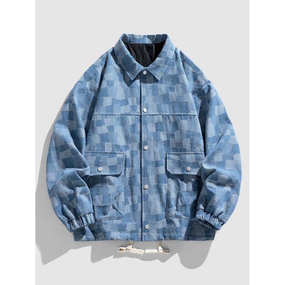 Men's Colorblock Checked Drawstring Pocket Turn Down Collar Streetwear Denim Jacket Men's Colorblock Checked Drawstring Pocket Turn Down Collar Streetwear Denim Jacket