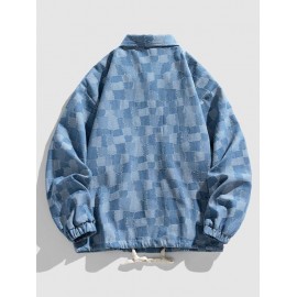 Men's Colorblock Checked Drawstring Pocket Turn Down Collar Streetwear Denim Jacket Men's Colorblock Checked Drawstring Pocket Turn Down Collar Streetwear Denim Jacket