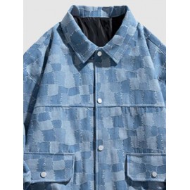 Men's Colorblock Checked Drawstring Pocket Turn Down Collar Streetwear Denim Jacket Men's Colorblock Checked Drawstring Pocket Turn Down Collar Streetwear Denim Jacket