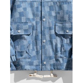 Men's Colorblock Checked Drawstring Pocket Turn Down Collar Streetwear Denim Jacket Men's Colorblock Checked Drawstring Pocket Turn Down Collar Streetwear Denim Jacket