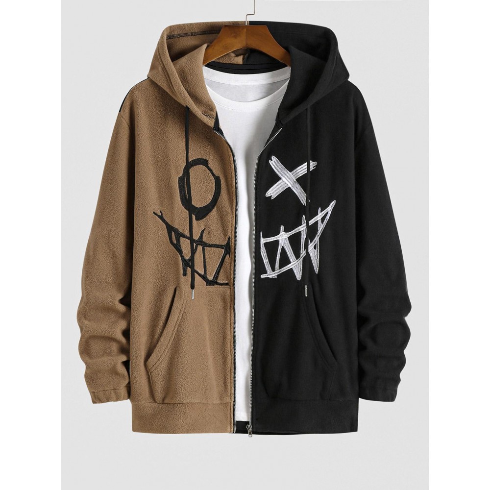Men's Zip Up Two Tone Colorblock Smile Face Embroidery Halloween Polar Fleece Hoodie Jacket Men's Zip Up Two Tone Colorblock Smile Face Embroidery Halloween Polar Fleece Hoodie Jacket