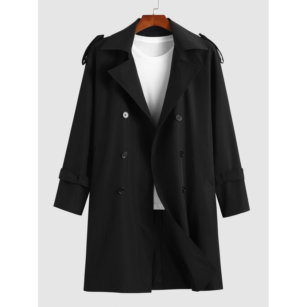 Men's Basic Minimalist Lapel Collar Belted Pocket Double-breasted Solid Color Trench Coat Men's Basic Minimalist Lapel Collar Belted Pocket Double-breasted Solid Color Trench Coat