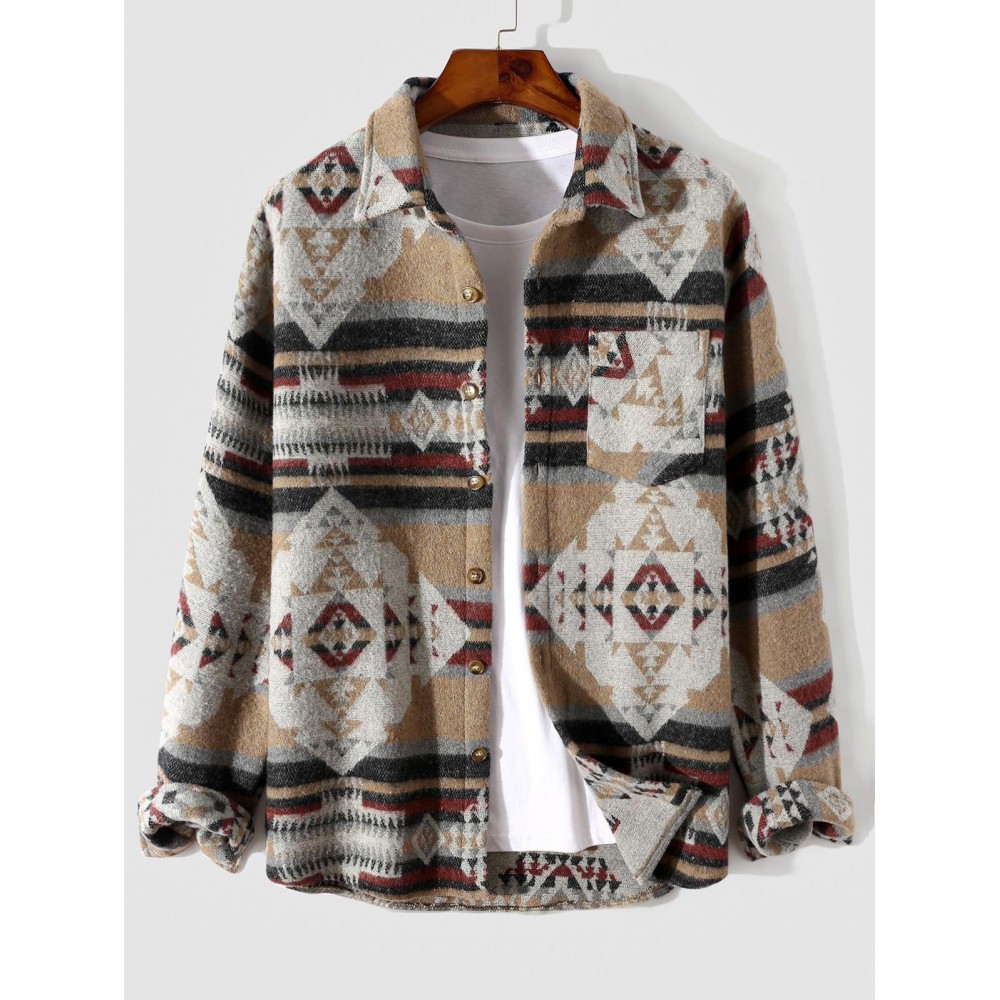 Men's Vintage Ethnic Aztec Geometric Print Pocket Design Woolen Shacket Jacket Men's Vintage Ethnic Aztec Geometric Print Pocket Design Woolen Shacket Jacket