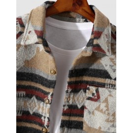 Men's Vintage Ethnic Aztec Geometric Print Pocket Design Woolen Shacket Jacket Men's Vintage Ethnic Aztec Geometric Print Pocket Design Woolen Shacket Jacket