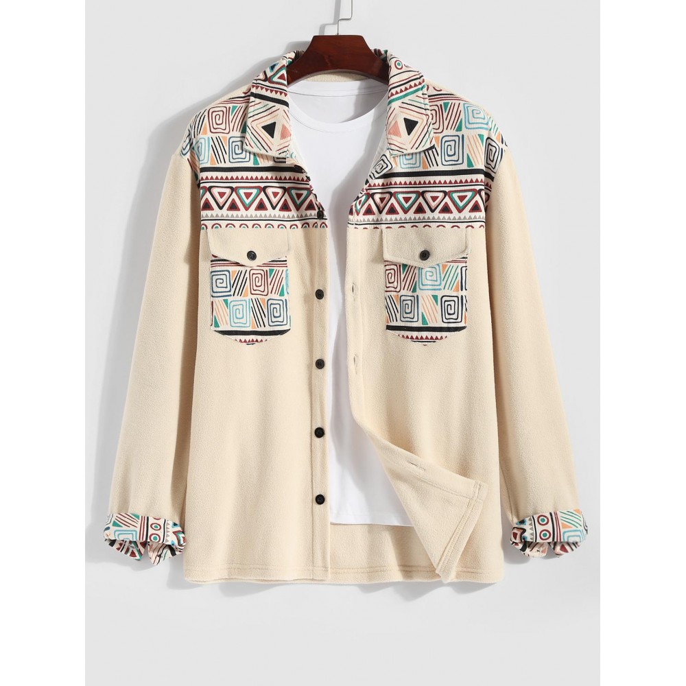 Men's Ethnic Style Geometric Printed Front Pocket Button Fuzzy Fleece Jacket Men's Ethnic Style Geometric Printed Front Pocket Button Fuzzy Fleece Jacket