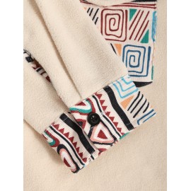 Men's Ethnic Style Geometric Printed Front Pocket Button Fuzzy Fleece Jacket Men's Ethnic Style Geometric Printed Front Pocket Button Fuzzy Fleece Jacket