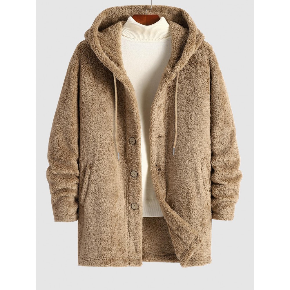 Men's Casual Warmth Thermal Solid Color Button Front Fluffy Teddy Fleece Hooded Long Coat Men's Casual Warmth Thermal Solid Color Button Front Fluffy Teddy Fleece Hooded Long Coat