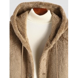 Men's Casual Warmth Thermal Solid Color Button Front Fluffy Teddy Fleece Hooded Long Coat Men's Casual Warmth Thermal Solid Color Button Front Fluffy Teddy Fleece Hooded Long Coat