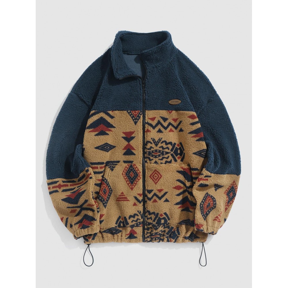 Ethnic Aztec Printed Zip Fly Fluffy Jacket Ethnic Aztec Printed Zip Fly Fluffy Jacket
