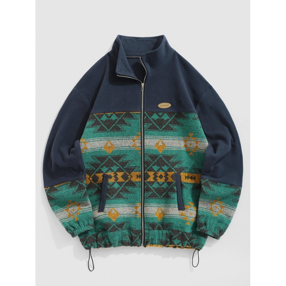 Men's Ethnic Aztec Printed Slant Pocket Zip Fly Stand Collar Fuzzy Polar Fleece Jacket Men's Ethnic Aztec Printed Slant Pocket Zip Fly Stand Collar Fuzzy Polar Fleece Jacket