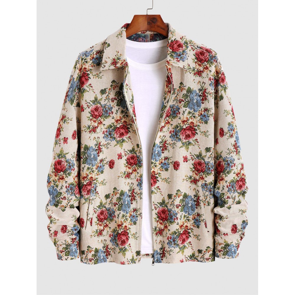 Men's Fashion Flower Jacquard Zip Up Pocket Turn Down Collar Long Sleeve Jacket Men's Fashion Flower Jacquard Zip Up Pocket Turn Down Collar Long Sleeve Jacket