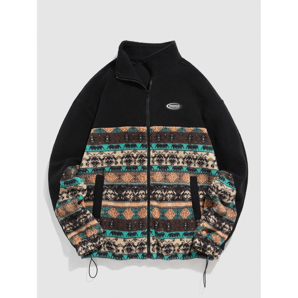 Geometric Ethnic Aztec Printed Zipper Fly Fluffy Jacket Geometric Ethnic Aztec Printed Zipper Fly Fluffy Jacket