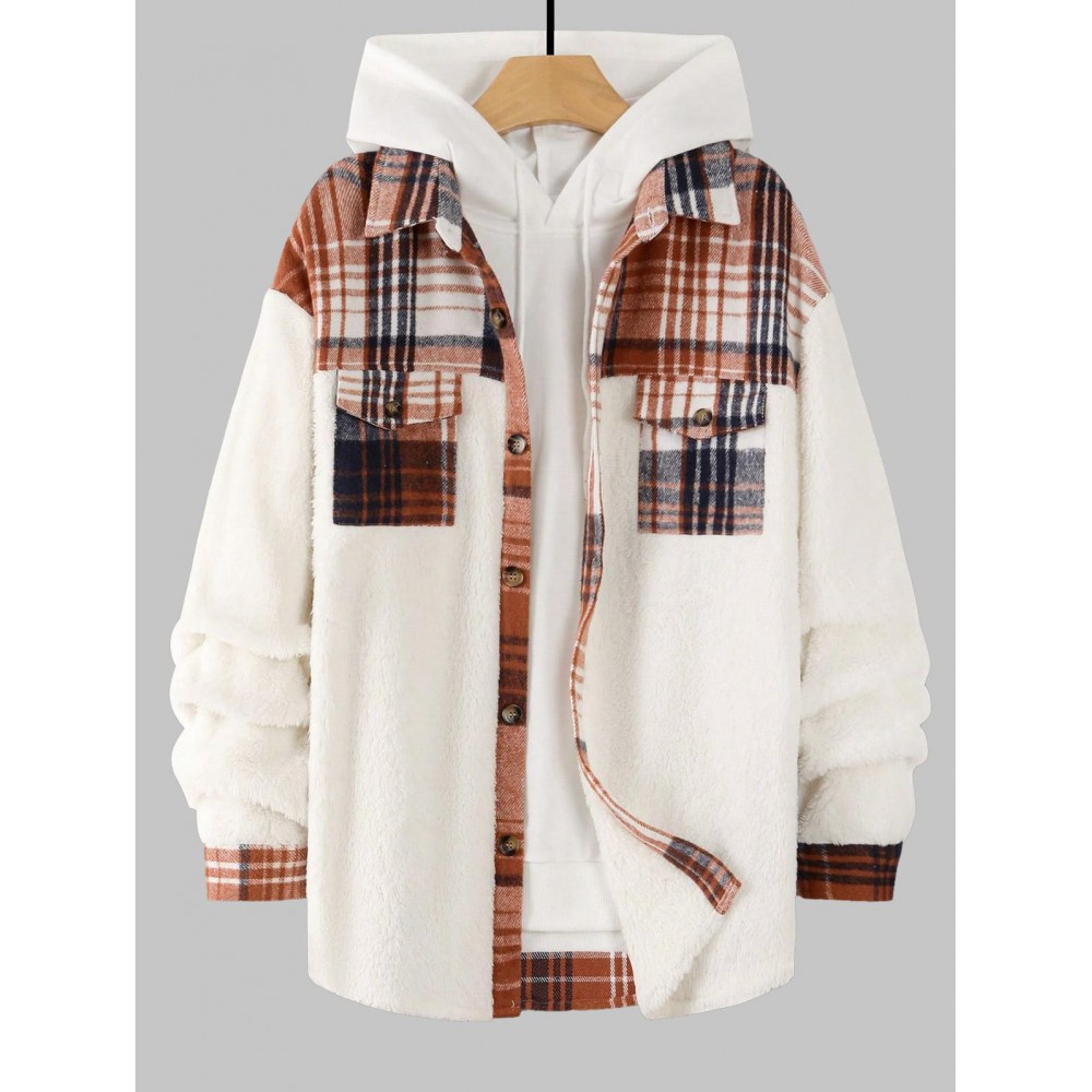 Men's Plaid Pattern Spliced Button Front Flap Pocket Fuzzy Teddy Fleece Jacket Men's Plaid Pattern Spliced Button Front Flap Pocket Fuzzy Teddy Fleece Jacket