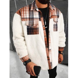 Men's Plaid Pattern Spliced Button Front Flap Pocket Fuzzy Teddy Fleece Jacket Men's Plaid Pattern Spliced Button Front Flap Pocket Fuzzy Teddy Fleece Jacket