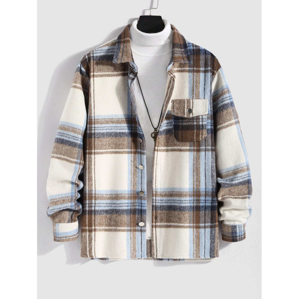 Men's Plaid Checks Colorblock Pocket Design Woolen Turn Down Collar Coat Men's Plaid Checks Colorblock Pocket Design Woolen Turn Down Collar Coat