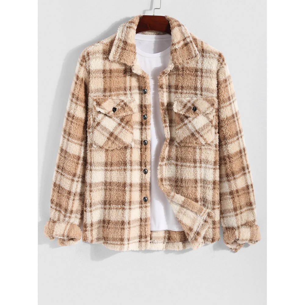 Men's Colorblock Plaid Pattern Front Pocket Fluffy Teddy Fleece Turn-down Collar Jacket Men's Colorblock Plaid Pattern Front Pocket Fluffy Teddy Fleece Turn-down Collar Jacket