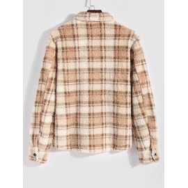 Men's Colorblock Plaid Pattern Front Pocket Fluffy Teddy Fleece Turn-down Collar Jacket Men's Colorblock Plaid Pattern Front Pocket Fluffy Teddy Fleece Turn-down Collar Jacket