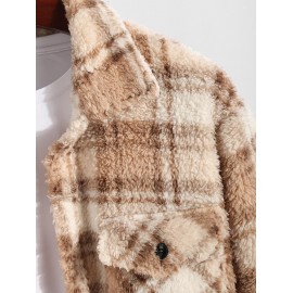 Men's Colorblock Plaid Pattern Front Pocket Fluffy Teddy Fleece Turn-down Collar Jacket Men's Colorblock Plaid Pattern Front Pocket Fluffy Teddy Fleece Turn-down Collar Jacket