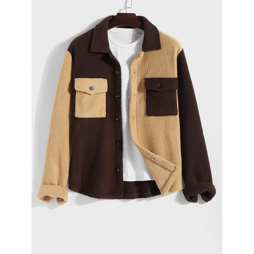 Men's Two Tone Colorblock Flap Pocket Button Front Fuzzy Fleece Jacket Men's Two Tone Colorblock Flap Pocket Button Front Fuzzy Fleece Jacket