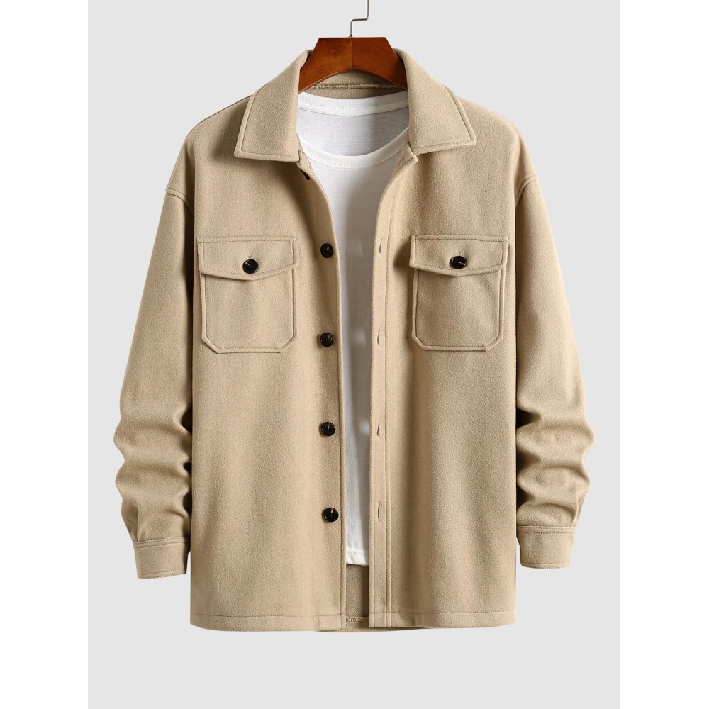 Men's Solid Color Flap Pocket Design Single Breasted Woolen Blend Coat Men's Solid Color Flap Pocket Design Single Breasted Woolen Blend Coat