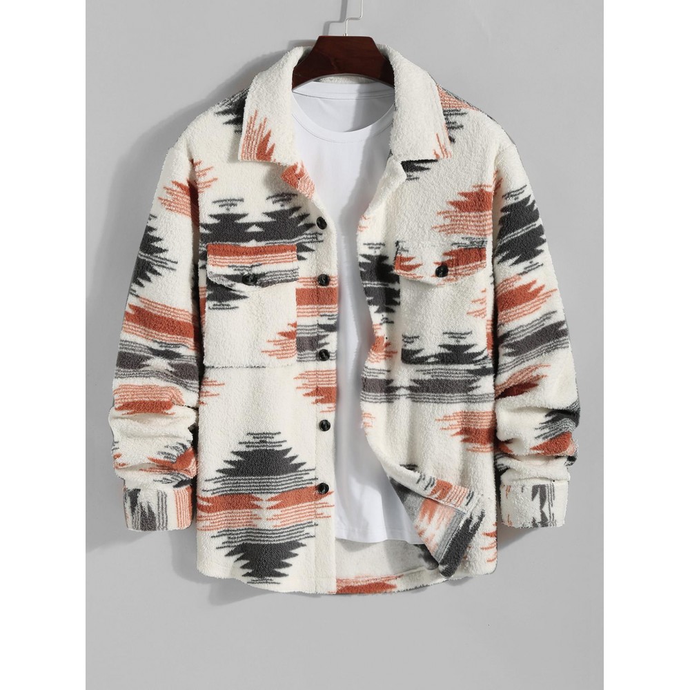 Men's Ethnic Aztec Printed Thermal Fluffy Fleece Flap Pocket Button Front Jacket Men's Ethnic Aztec Printed Thermal Fluffy Fleece Flap Pocket Button Front Jacket