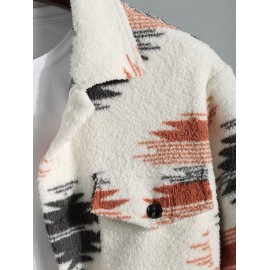 Men's Ethnic Aztec Printed Thermal Fluffy Fleece Flap Pocket Button Front Jacket Men's Ethnic Aztec Printed Thermal Fluffy Fleece Flap Pocket Button Front Jacket