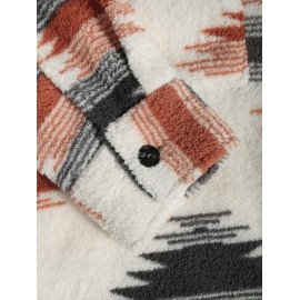 Men's Ethnic Aztec Printed Thermal Fluffy Fleece Flap Pocket Button Front Jacket Men's Ethnic Aztec Printed Thermal Fluffy Fleece Flap Pocket Button Front Jacket