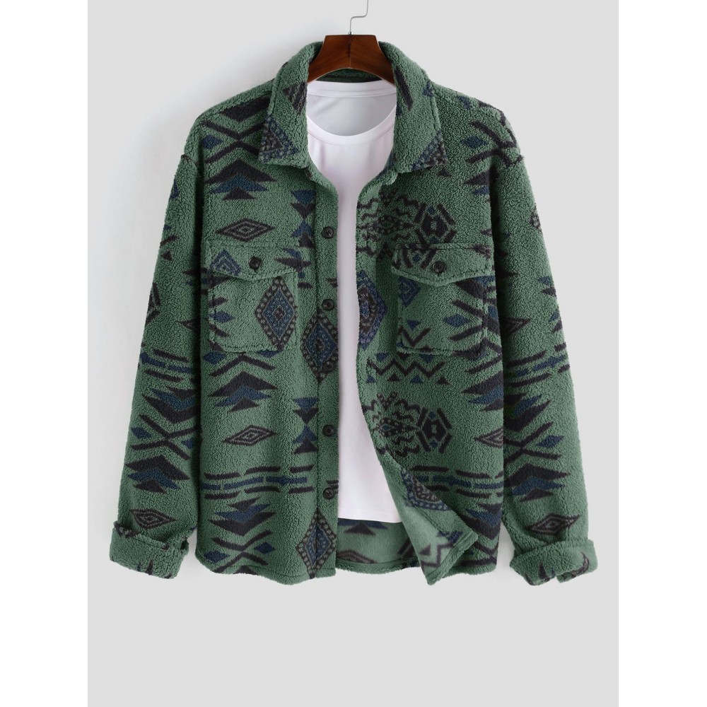 Ethnic Aztec Geo Printed Polar Fleece Fluffy Shacket Winter Shirt Ethnic Aztec Geo Printed Polar Fleece Fluffy Shacket Winter Shirt