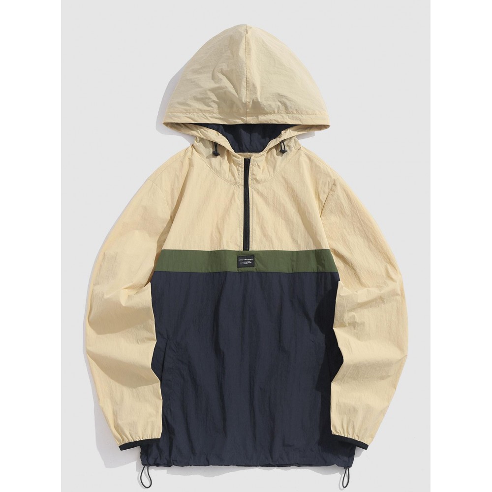 Men's Daily Hooded Half Zip Colorblock Patched Design Toggle Drawstring Pullover Windbreaker Jacket Men's Daily Hooded Half Zip Colorblock Patched Design Toggle Drawstring Pullover Windbreaker Jacket