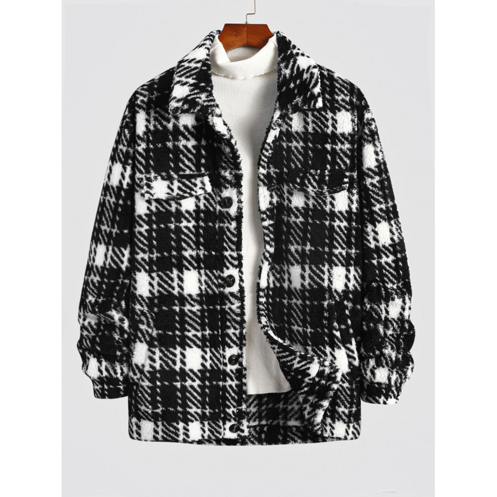 Men's Contract Color Striped Slant Pocket Fluffy Teddy Fleece Button Front Jacket Men's Contract Color Striped Slant Pocket Fluffy Teddy Fleece Button Front Jacket
