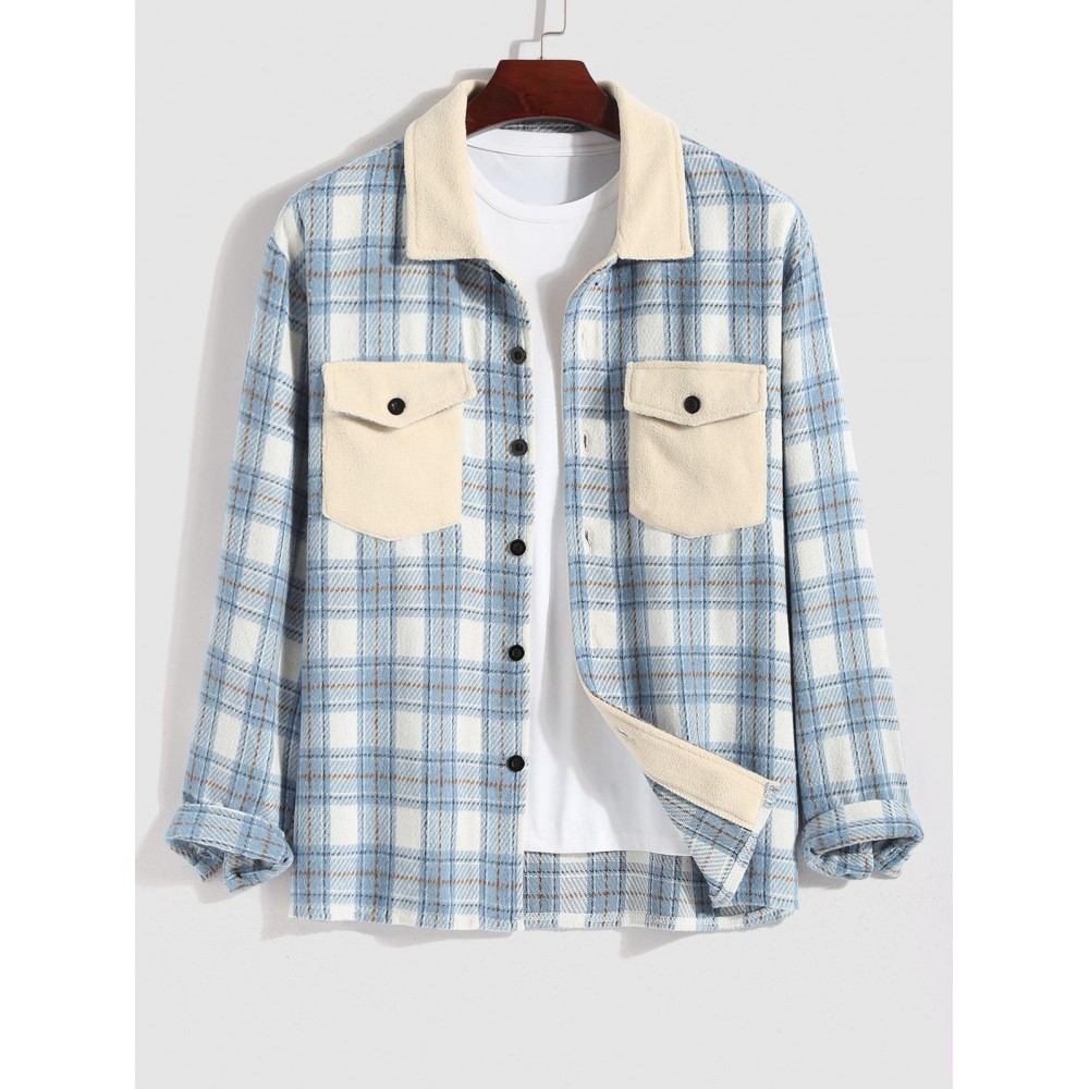 Men's Casual Plaid Pattern Flap Pocket Button Front Contract Color Collar Woolen Shacket Men's Casual Plaid Pattern Flap Pocket Button Front Contract Color Collar Woolen Shacket