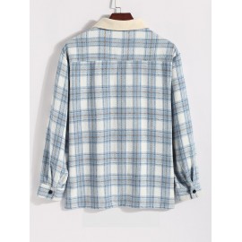 Men's Casual Plaid Pattern Flap Pocket Button Front Contract Color Collar Woolen Shacket Men's Casual Plaid Pattern Flap Pocket Button Front Contract Color Collar Woolen Shacket