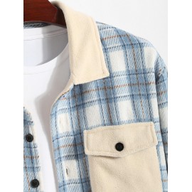 Men's Casual Plaid Pattern Flap Pocket Button Front Contract Color Collar Woolen Shacket Men's Casual Plaid Pattern Flap Pocket Button Front Contract Color Collar Woolen Shacket