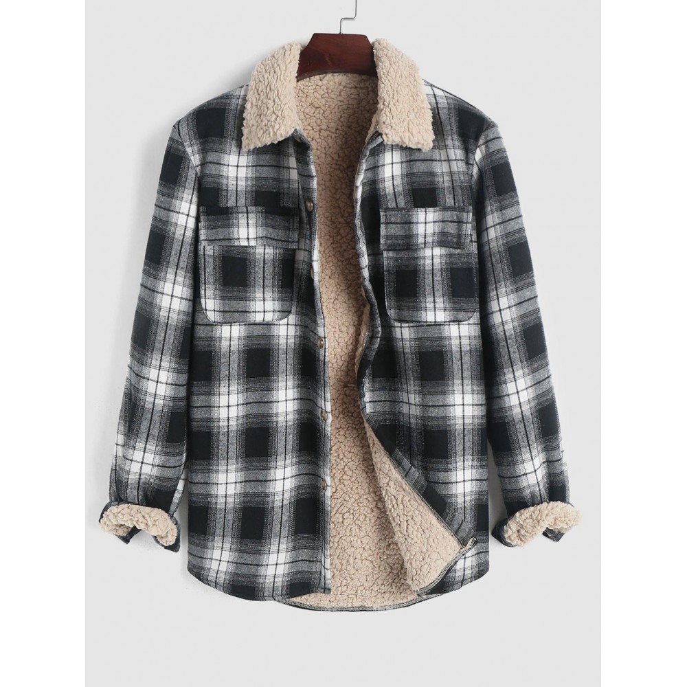 UNISEX Plaid Flap Pocket Faux Sherpa Thermal Lined Fluffy Turn Down Collar Winter Shacket UNISEX Plaid Flap Pocket Faux Sherpa Thermal Lined Fluffy Turn Down Collar Winter Shacket