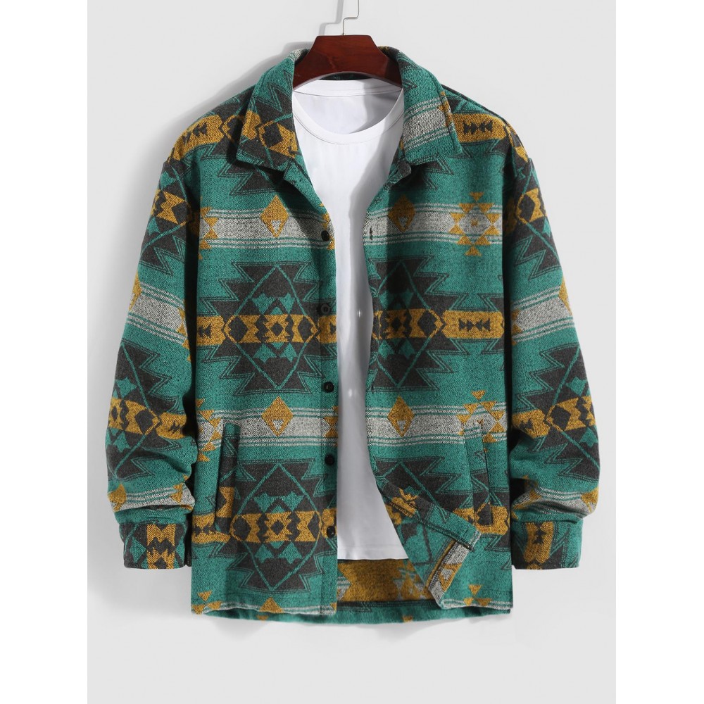 Men's Ethnic Aztec Printed Button Front Slant Pocket Woolen Jacket Men's Ethnic Aztec Printed Button Front Slant Pocket Woolen Jacket
