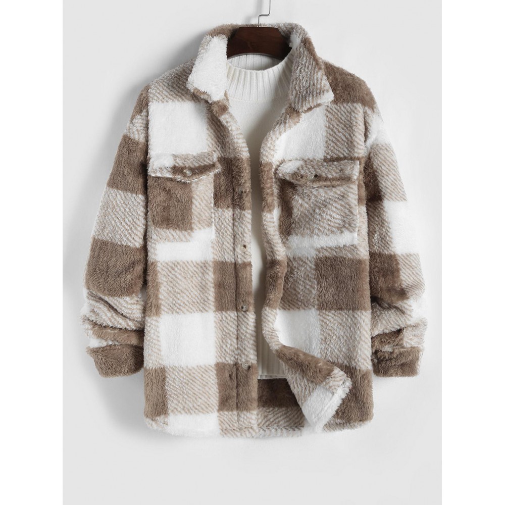 Plaid Pattern Flap Pocket Design Fluffy Jacket Plaid Pattern Flap Pocket Design Fluffy Jacket
